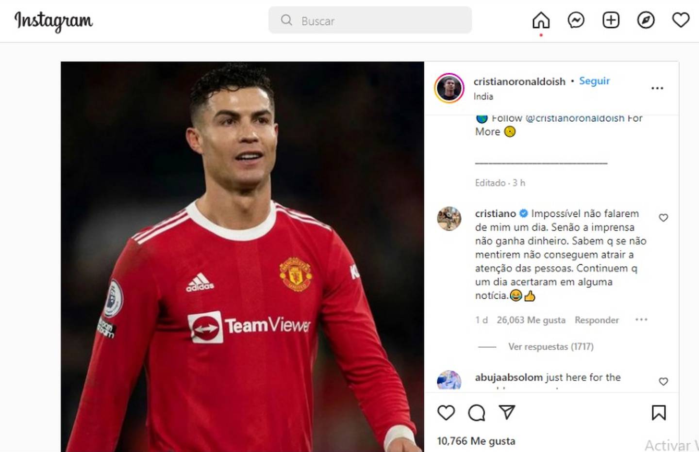 CR7 comentó un post en Instagram donde etiquetaro su nombre y el de su agente Serio Mendes