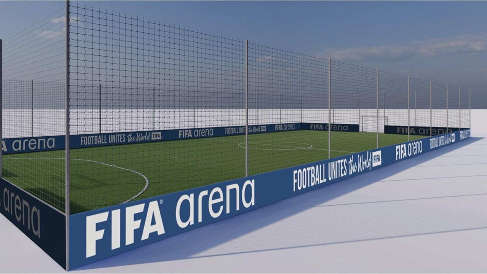 La imagen muestra un moderno mini campo de fútbol creado por la FIFA.