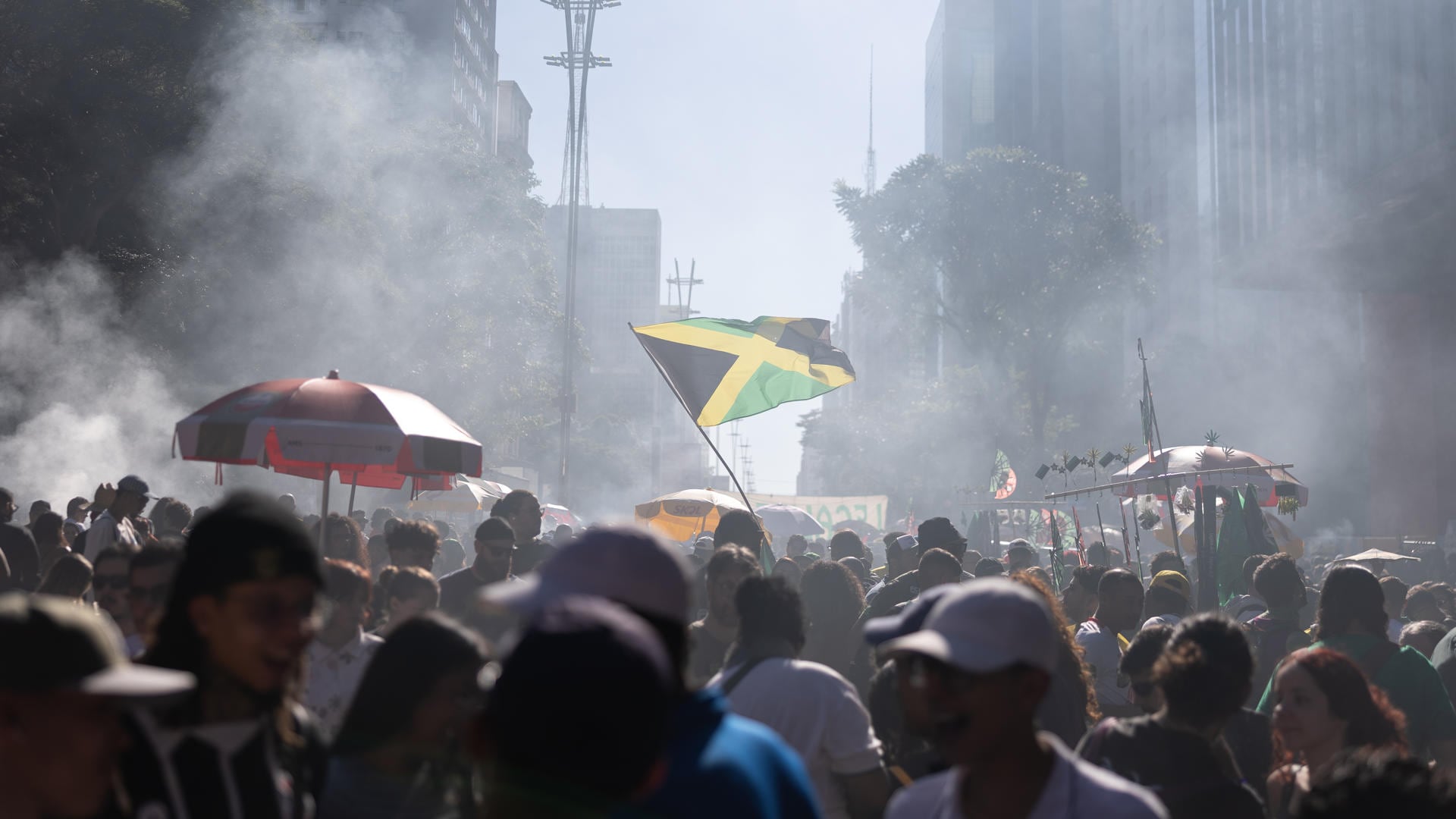 Personas participan en una manifestación para exigir la legalización de la marihuana, el acceso a tratamientos medicinales con el cannabis y el fin de la llamada guerra contra las drogas, este domingo en Sao Paulo (Brasil). EFE/ Isaac Fontana