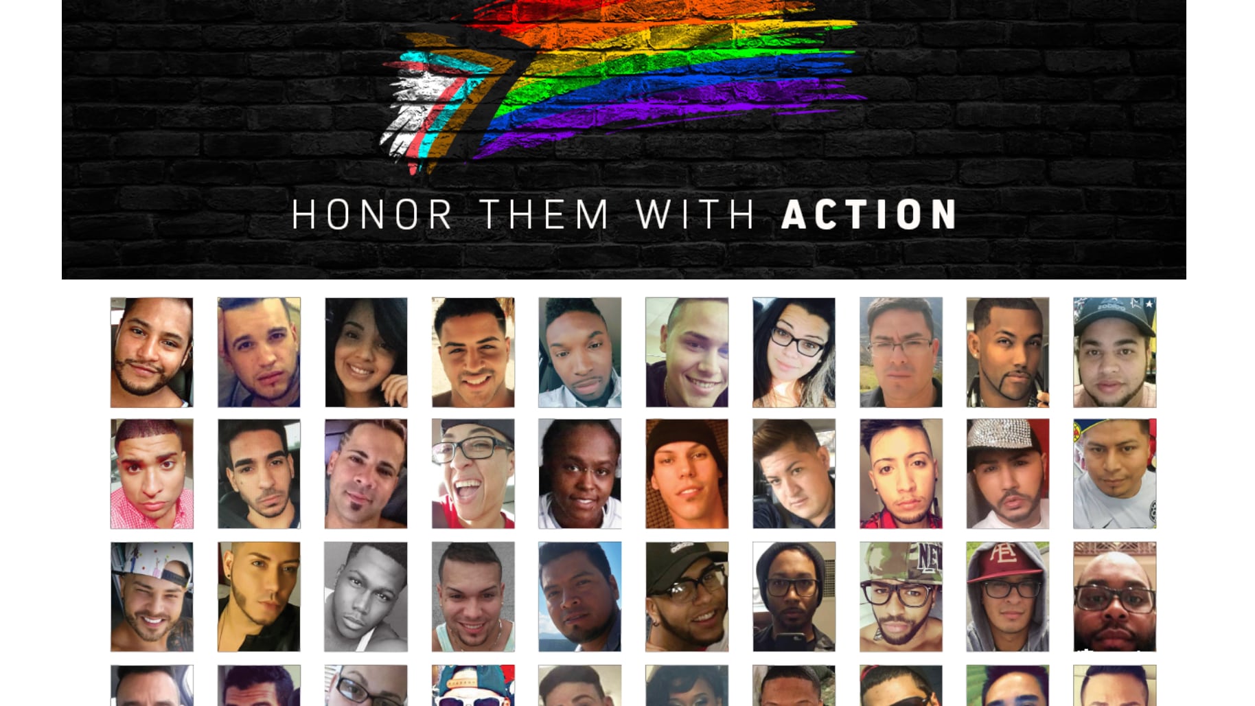 Fotografía cedida este 12 de junio por la organización Equality Florida que muestra una composición de retratos de las víctimas del tiroteo hace diez años en la discoteca Pulse en Orlando (FL, EE.UU.). EFE/Equality Florida