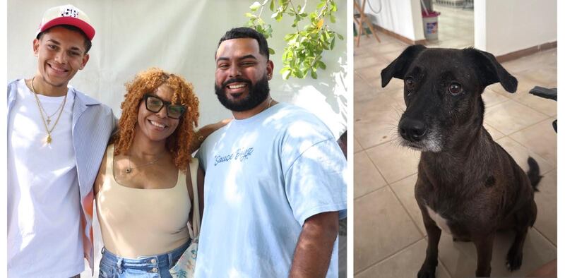 Nayadeth García Sierra junto a Jeysel Toledo y José Fernando López, la familia que adoptó a Yeyo durante “SauceGiving” en el año 2024. (Catia Martínez y suministrada)