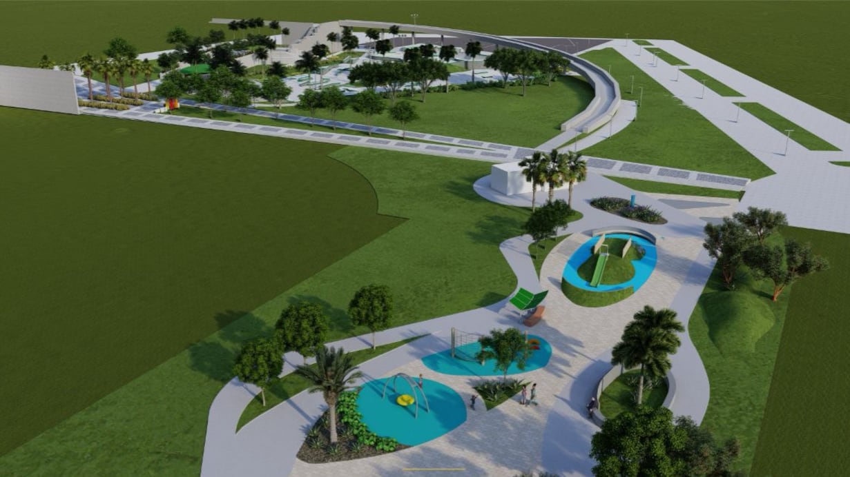 Representación digital del diseño propuesto para un parque recreativo con áreas verdes, espacios de juego y senderos peatonales en El Escambrón, San Juan.