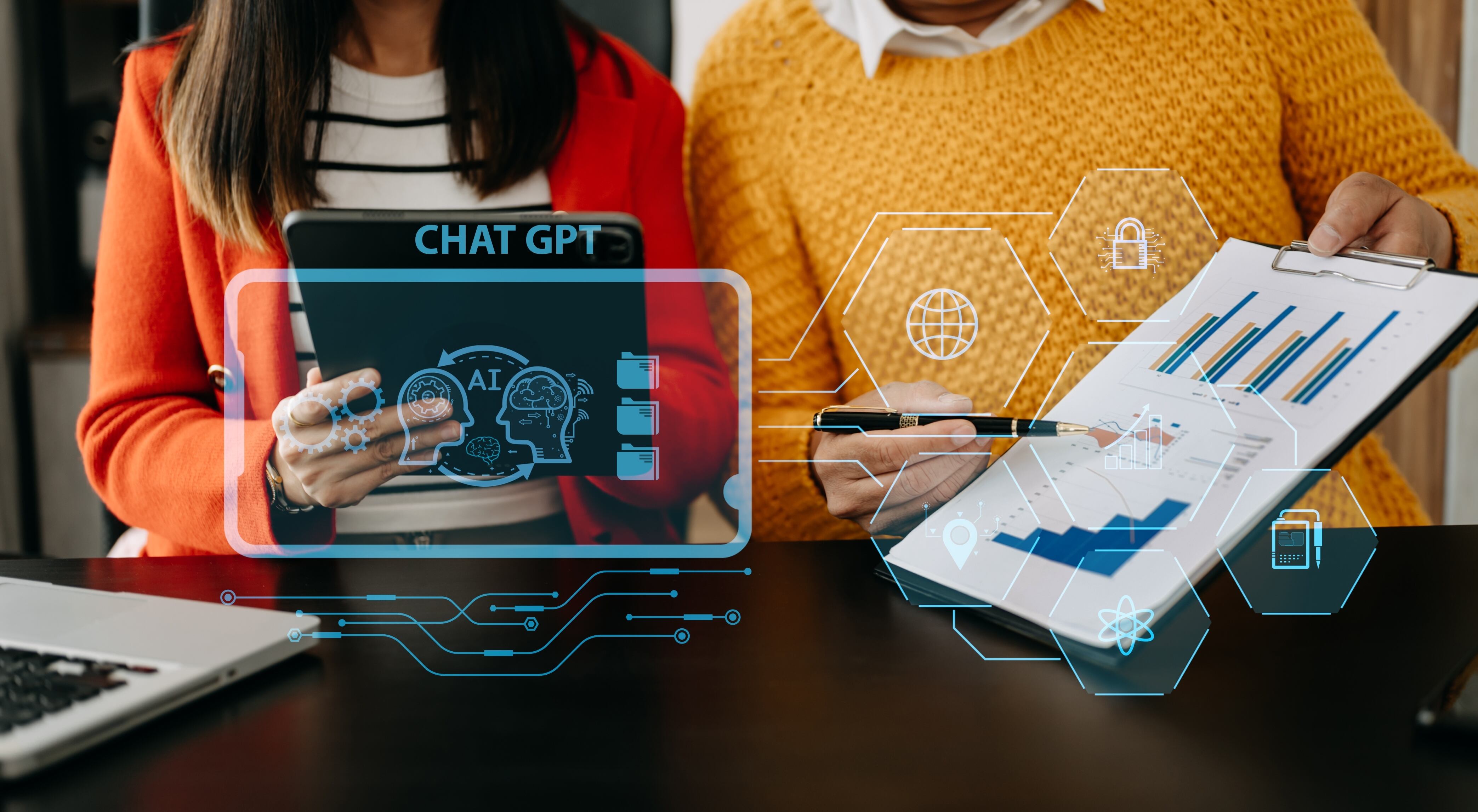 Man and woman using chatbot in computer and tablet smart intelligence Ai.Chat GPT Chat with AI Artificial Intelligence, developed by OpenAI generate. Futuristic technology, robot in online system.