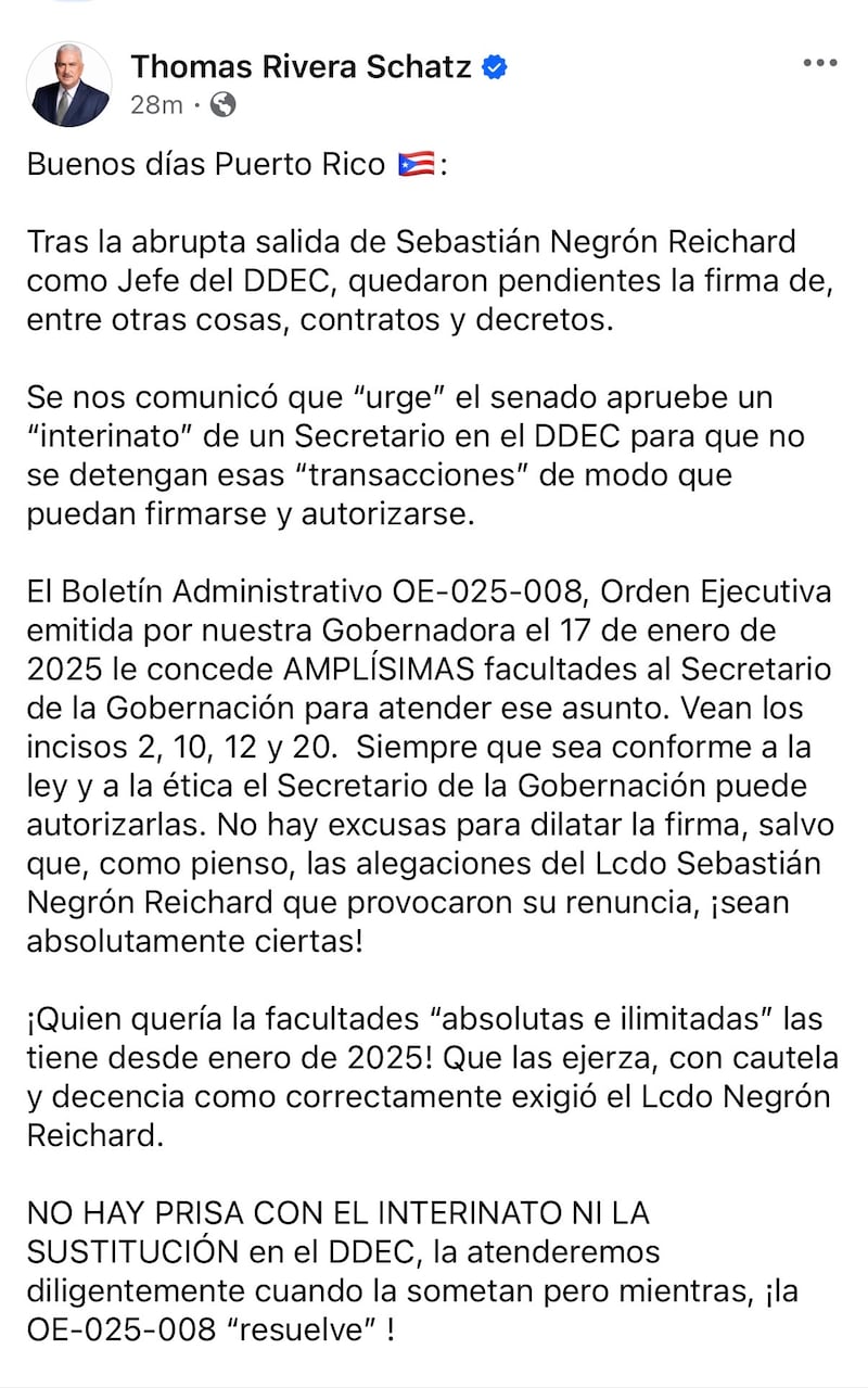 El presidente del Senado sostuvo que la agencia puede continuar operando sin un secretario interino y sugirió que las alegaciones que provocaron la renuncia de Sebastián Negrón Reichard merecen atención.