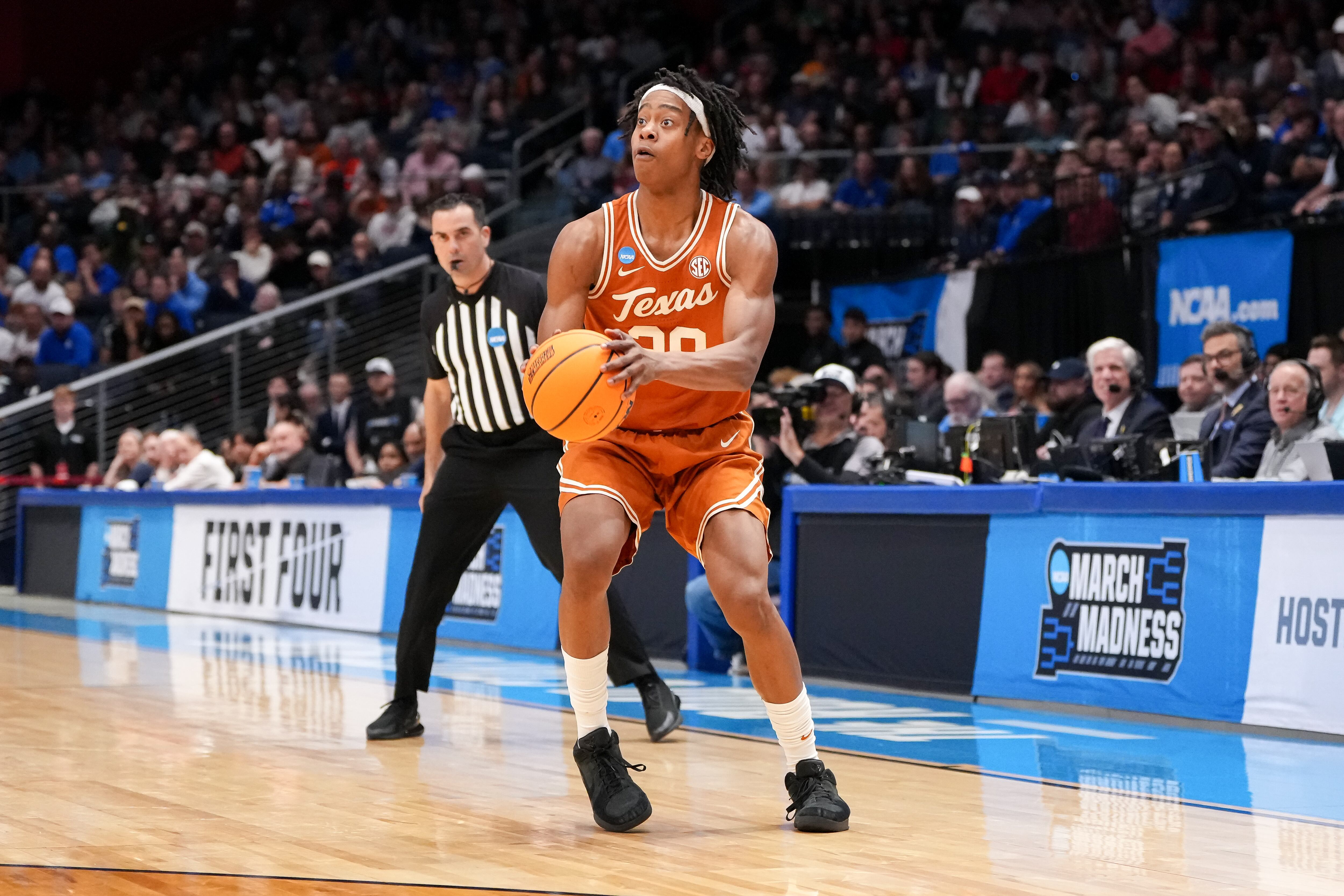 DAYTON, OHIO - MARCH 19: Tre Johnson #20 of the Texas Longhorns attempts a shot in the second half against the Xavier Musketeers in the First Four game of the NCAA Men's Basketball Tournament at University of Dayton Arena on March 19, 2025 in Dayton, Ohio. (Photo by Dylan Buell/Getty Images)