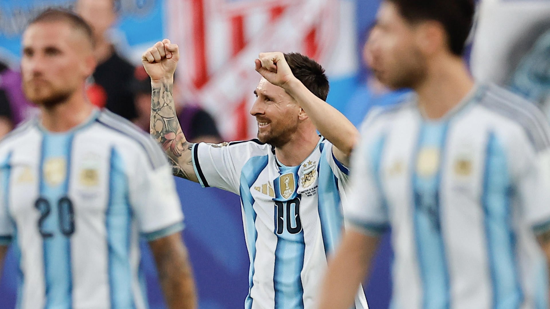 Lionel Messi de Argentina celebra un gol este martes, en un partido del grupo J del Mundial de la FIFA 2026 entre Argentina y Argelia en el estadio Arrowhead en Kansas (Estados Unidos). EFE/ Juan Ignacio Roncoroni