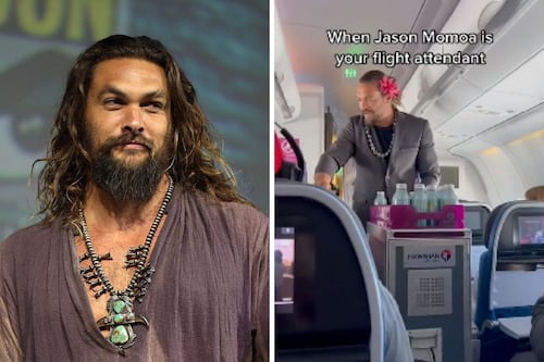 Jason Momoa deja el traje de ‘Aquaman’ y se convierte en ‘sobrecargo en aerolínea’