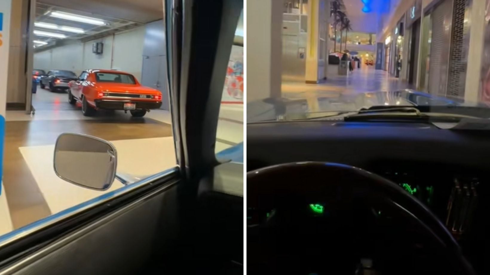 Video muestra el proceso de entrada y salida de vehículos que se exhiben en el centro comercial.