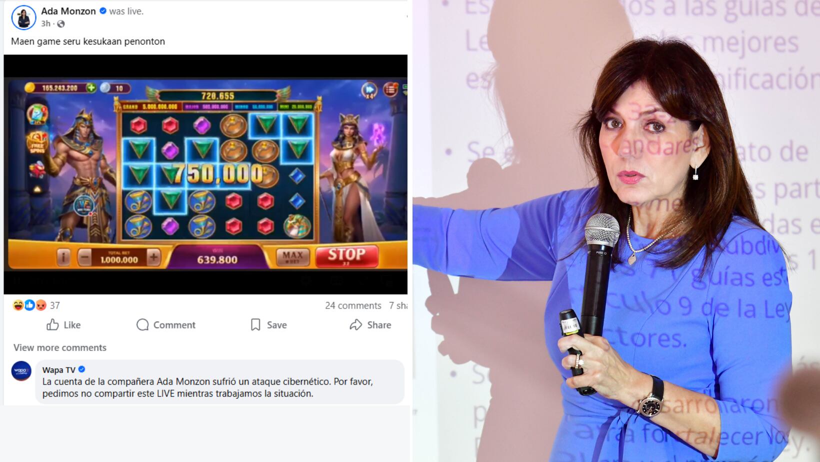 Bambalanes hackean el Facebook de Ada Monzón para poner un videojuego barato