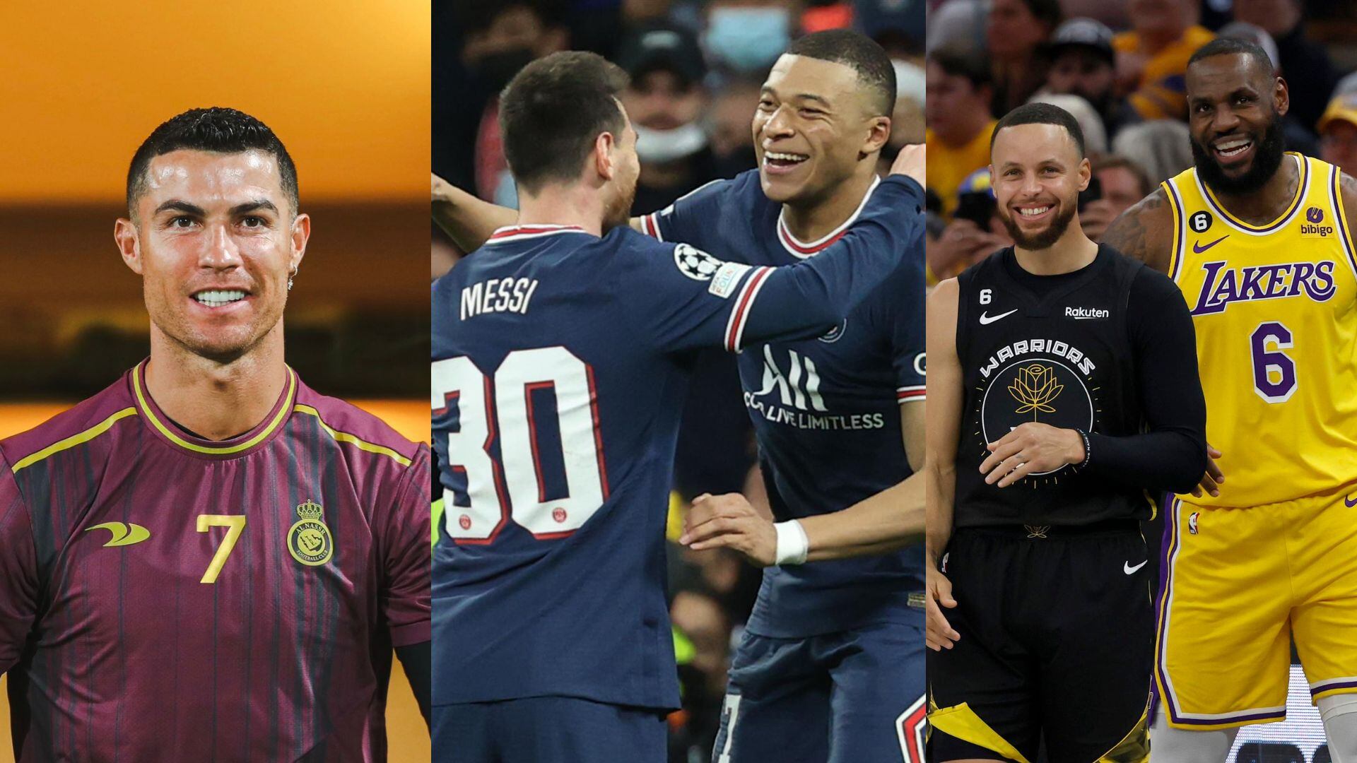 Cristiano Ronaldo, Lionel Messi, Kylian Mbappé, Stephen Curry y LeBron James.