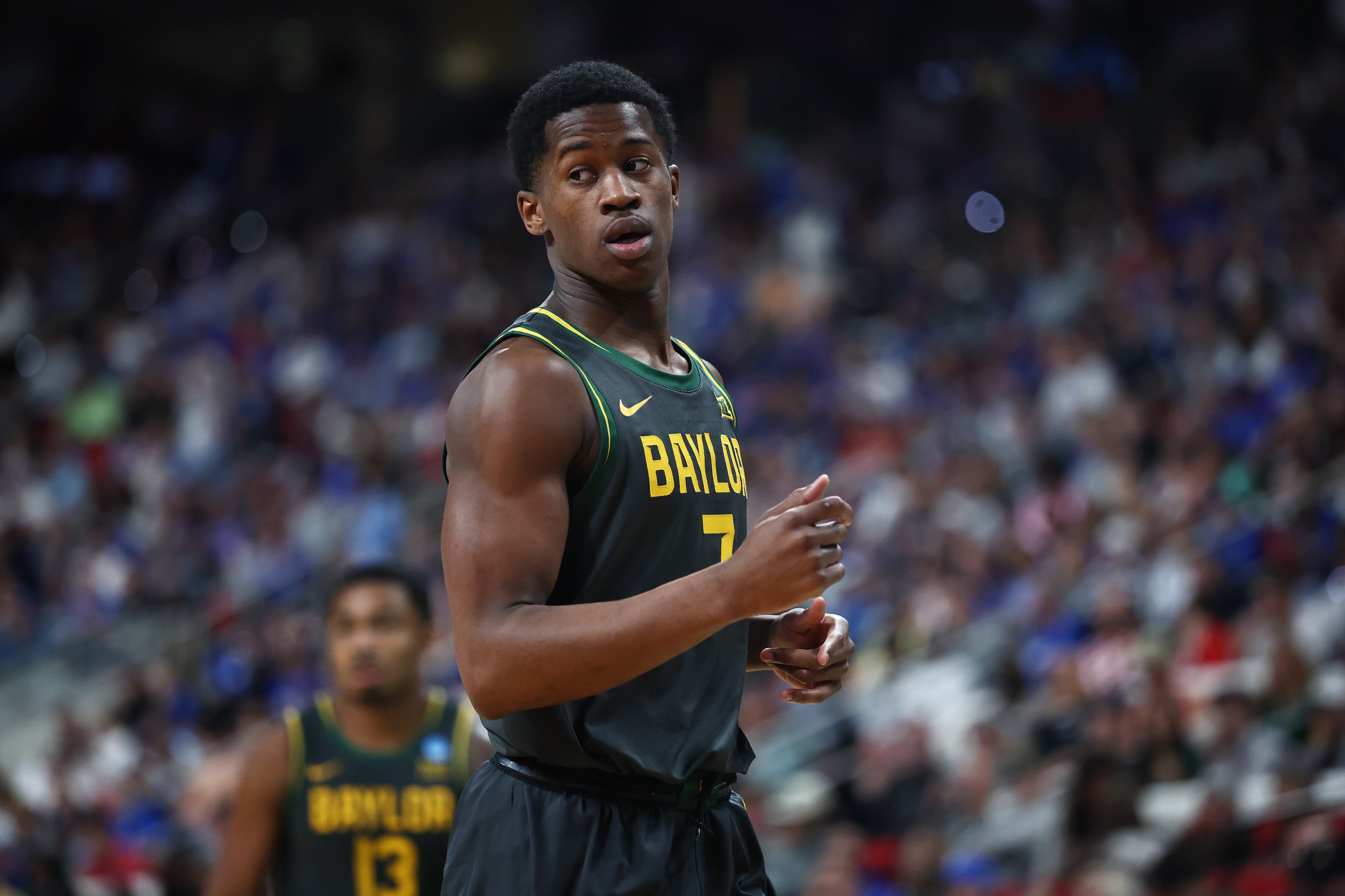 RALEIGH, NORTH CAROLINA - MARCH 23: VJ Edgecombe #7 of the Baylor Bears jogs across the court in the first half against the Duke Blue Devils in the second round of the NCAA Men's Basketball Tournament at Lenovo Center on March 23, 2025 in Raleigh, North Carolina. (Photo by Jared C. Tilton/Getty Images)