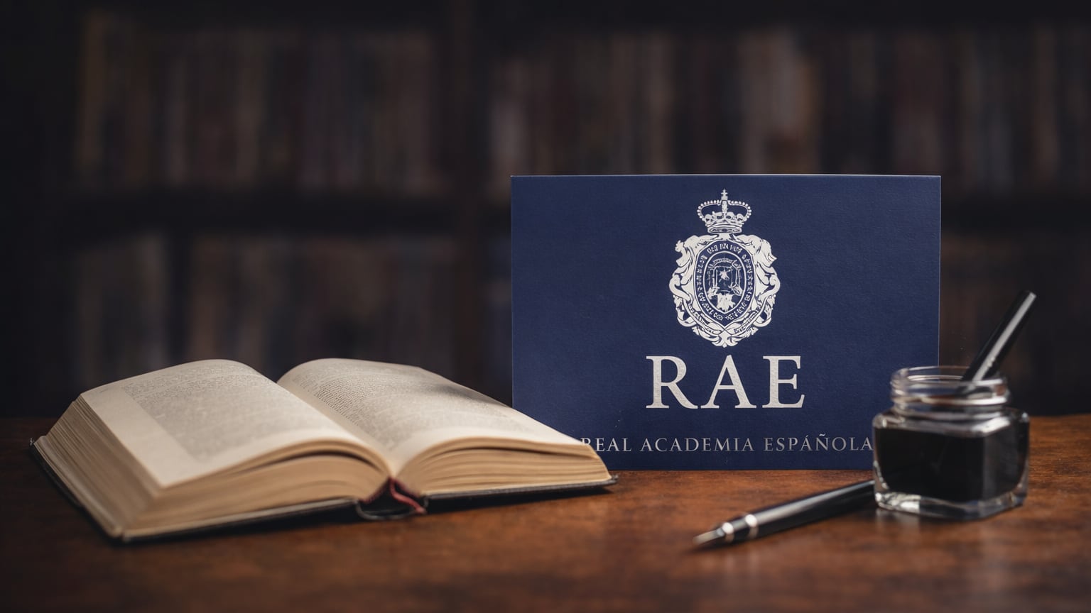 Libro abierto con materiales de escritura en escritorio, en referencia al uso correcto del idioma español según la RAE