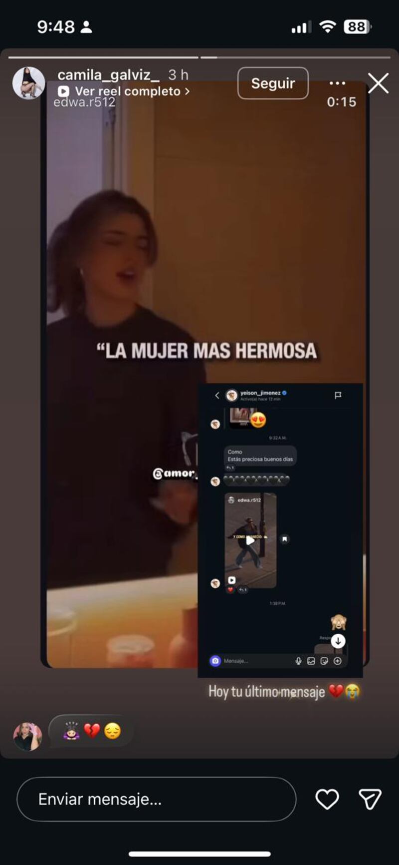 Publicación de Camila Galviz sobre Yeison Jiménez