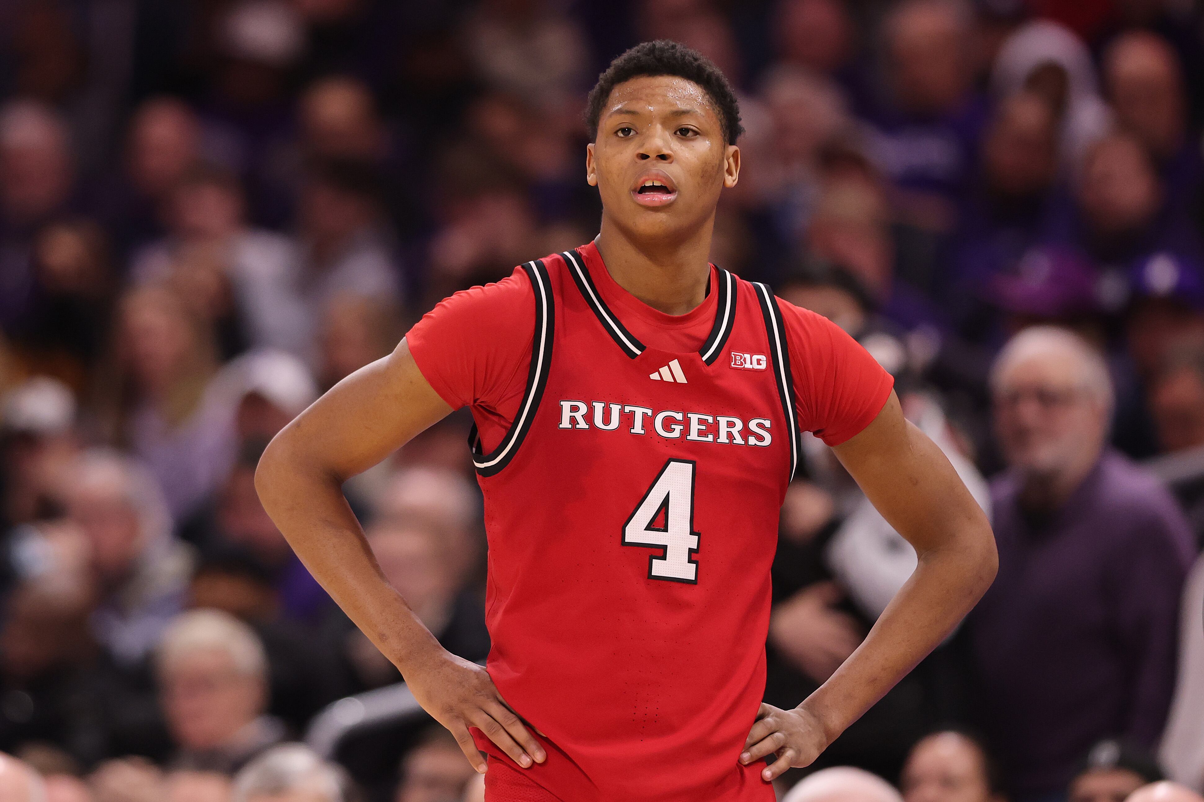 EVANSTON, ILLINOIS - JANUARY 29: Ace Bailey #4 of the Rutgers Scarlet Knights looks on against the Northwestern Wildcats during the second half at Welsh-Ryan Arena on January 29, 2025 in Evanston, Illinois. (Photo by Michael Reaves/Getty Images)