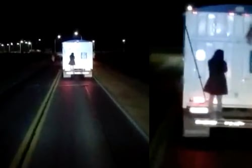 VIDEO: Mujer se monta en parte de atrás de camión pa’ viajar gratis
