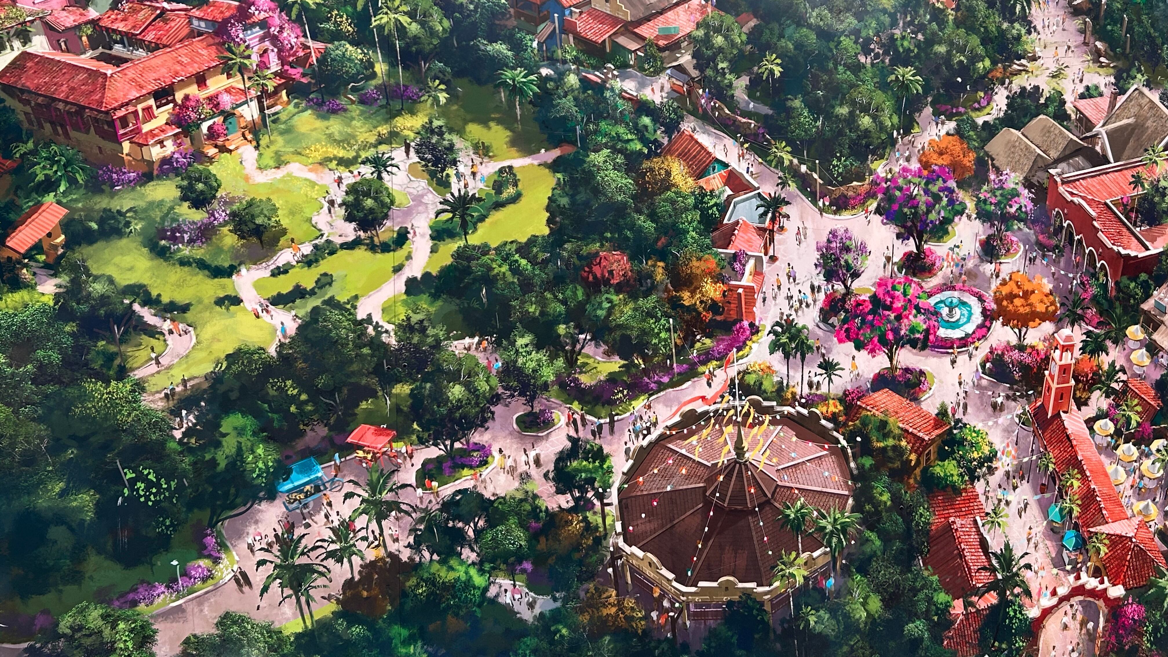 Concepto artístico de “Pueblo Esperanza”, la nueva área de Tropical Americas en Disney’s Animal Kingdom inspirada en Encanto y culturas latinoamericanas.