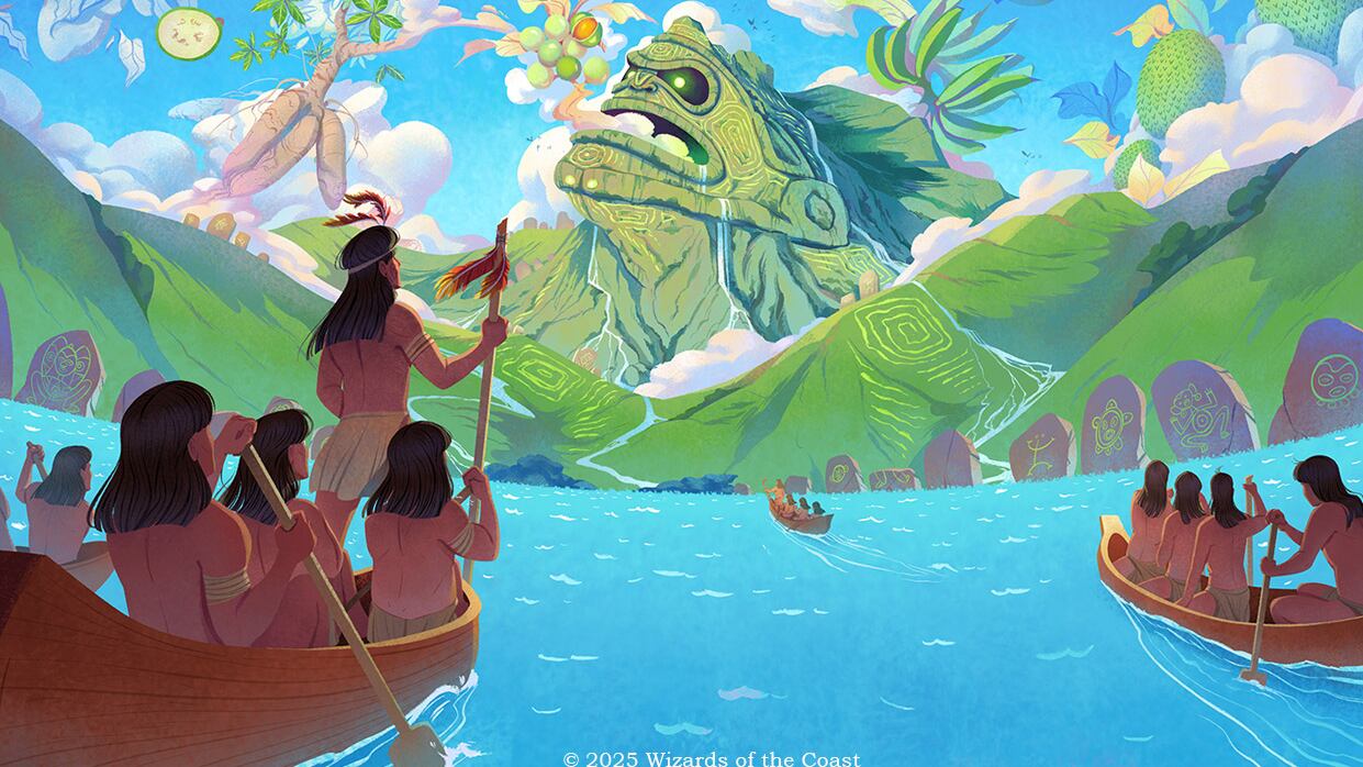 Montañas y personas en canoa sobre el agua