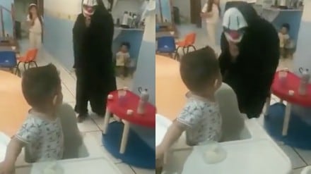 Supuesta maestra se disfraza y espanta a niños de kinder.